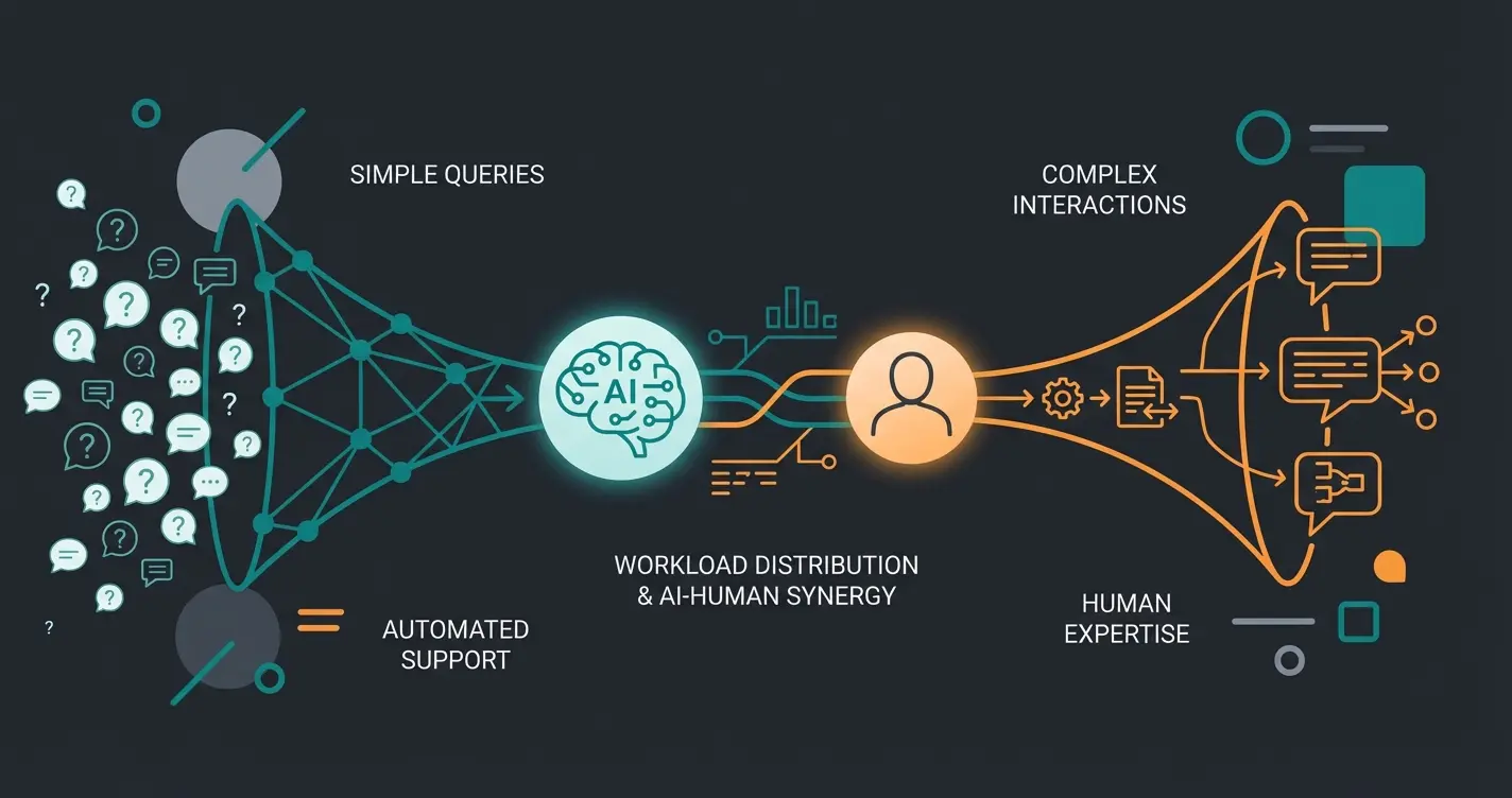 Illustration showing AI handling routine queries while humans focus on complex customer interactions
