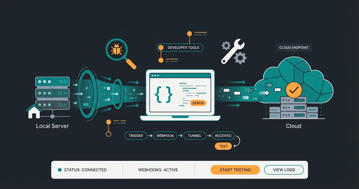 Developer debugging webhooks locally using ngrok tunnel connection