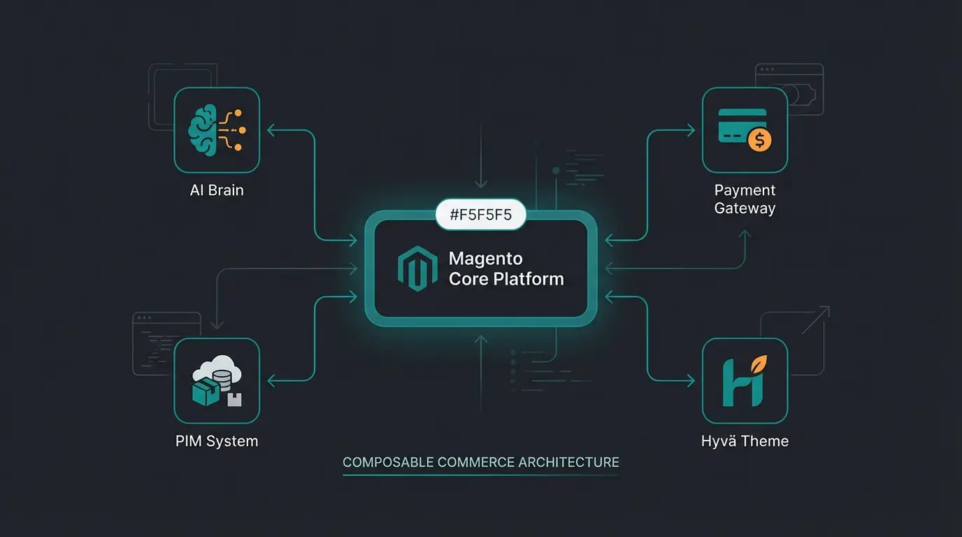 Modern Magento tech stack showing core platform connected to AI microservices and Hyvä frontend
