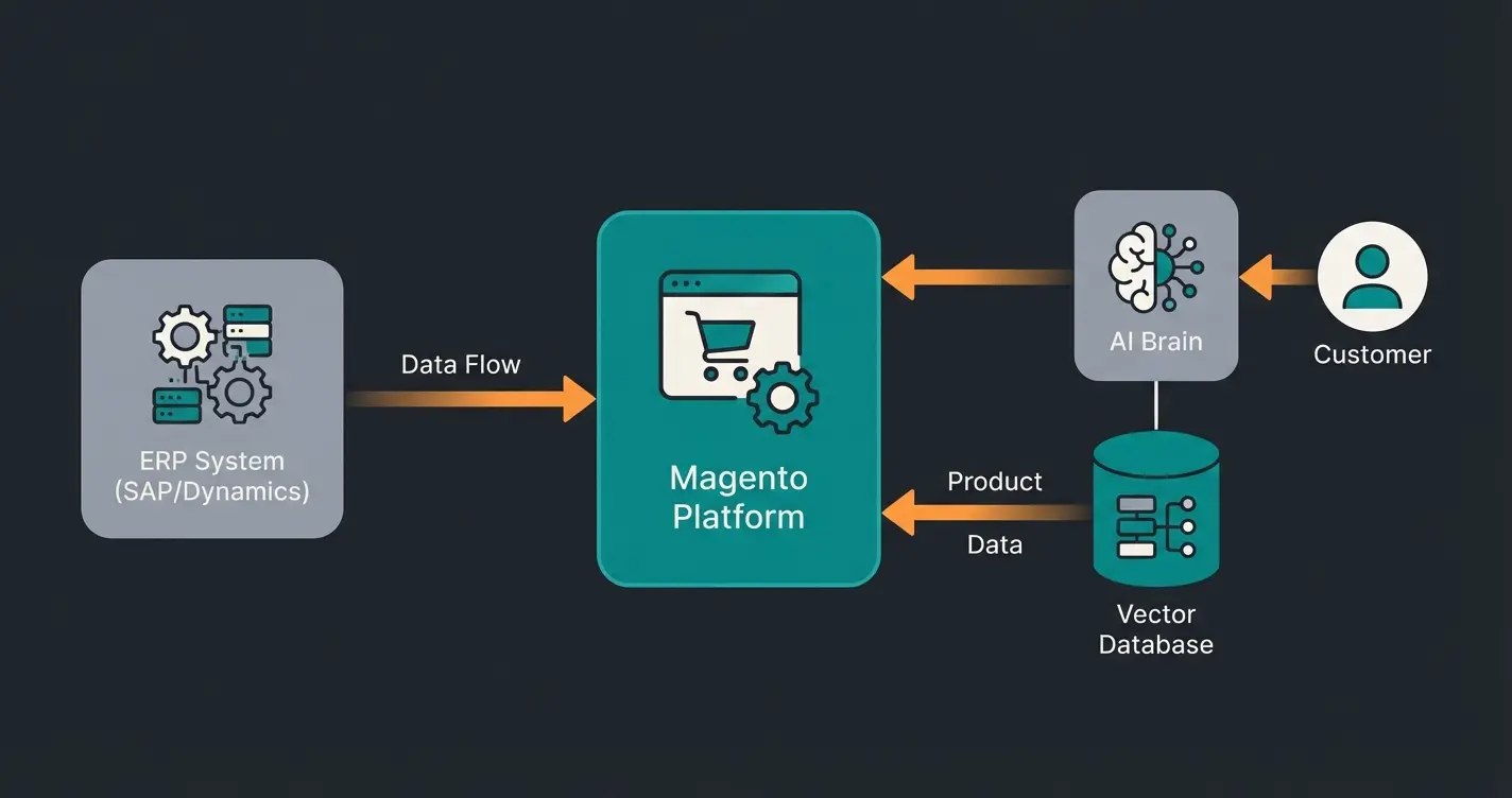 Moderner B2B Tech-Stack mit Magento, ERP und KI-Beratungsschicht