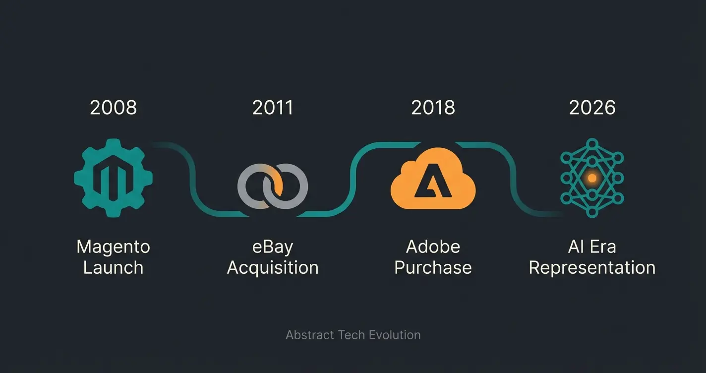 Timeline showing Magento evolution from 2008 launch through eBay acquisition to Adobe purchase and AI era in 2026