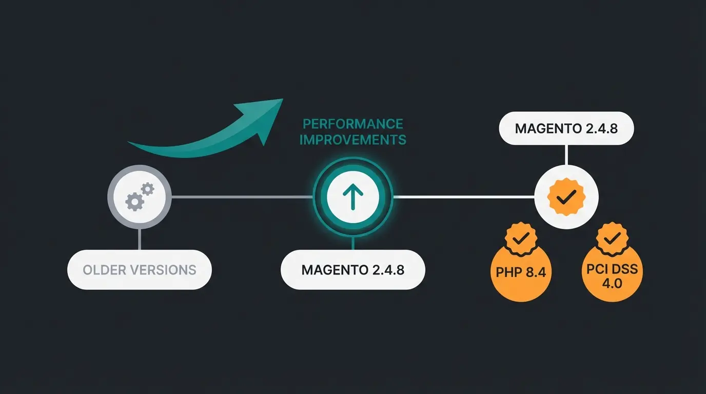 Technical upgrade pathway showing Magento version evolution and security compliance