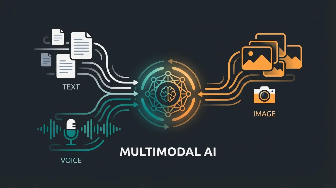 Futuristic visualization of multimodal AI processing voice, text, and images