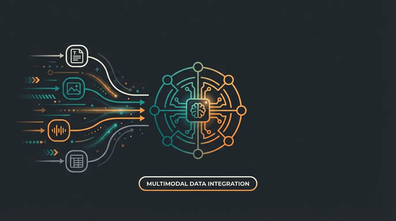 Futuristische Darstellung von Datenströmen, die in einen zentralen KI-Hub fließen