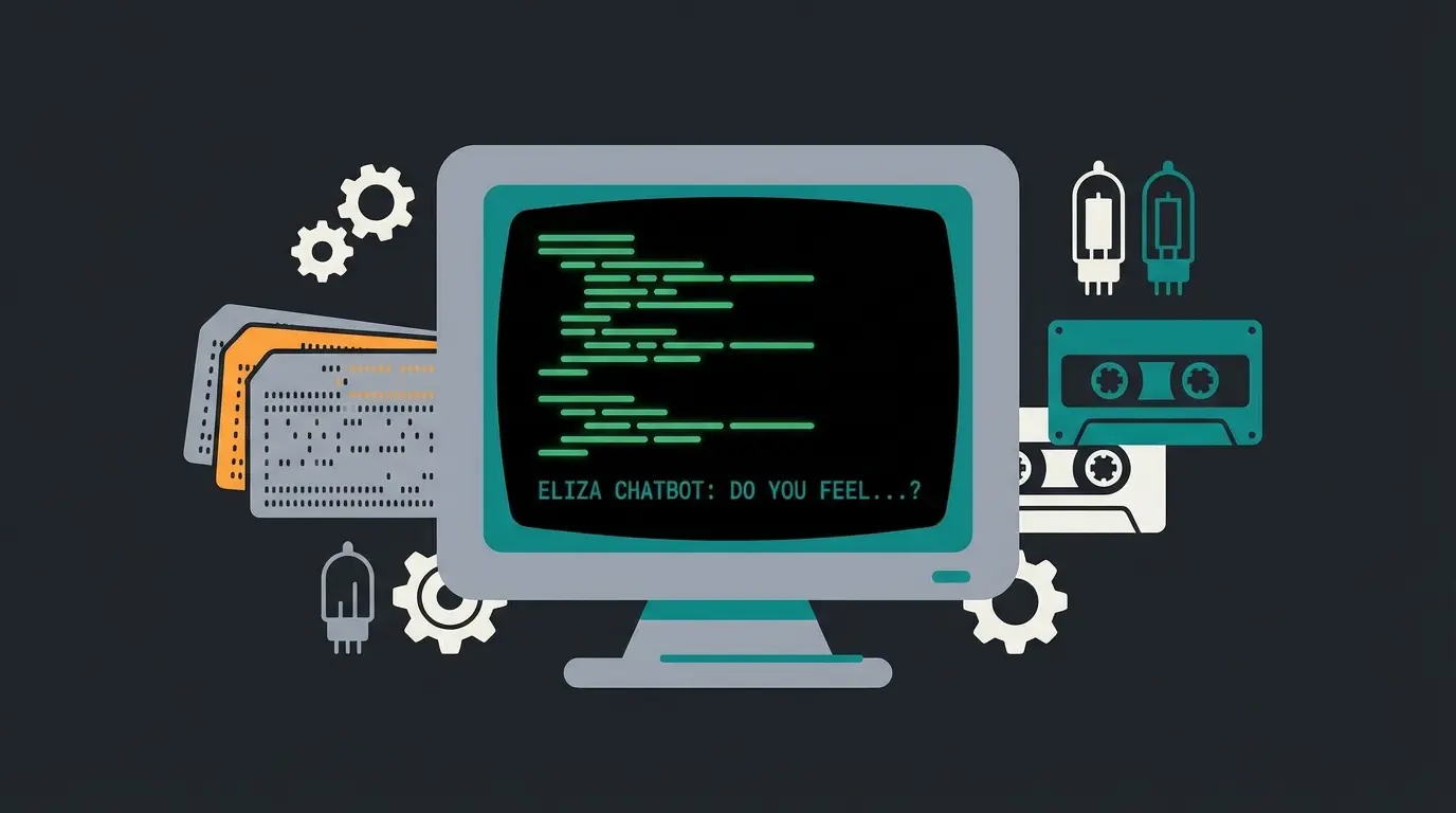Abstrakte Darstellung alter Computer-Terminals und Code-Schnipsel