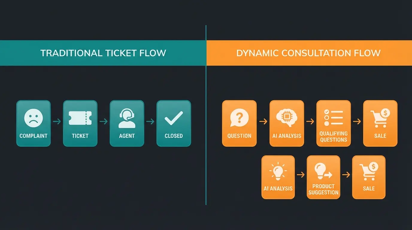 Comparison infographic showing two paths: traditional support ticket flow versus consultation-based AI flow