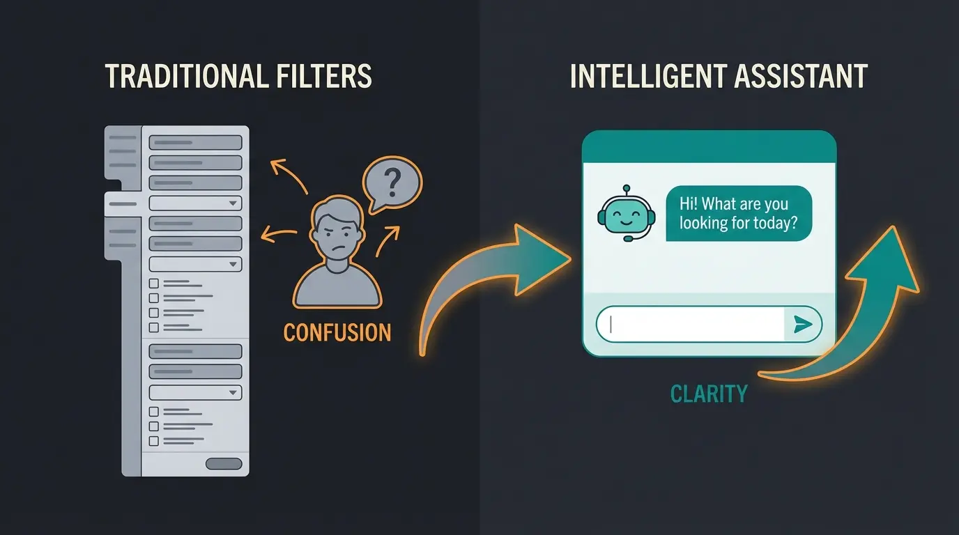Vergleich zwischen überladener Filteransicht und einfacher KI-Beratung im E-Commerce