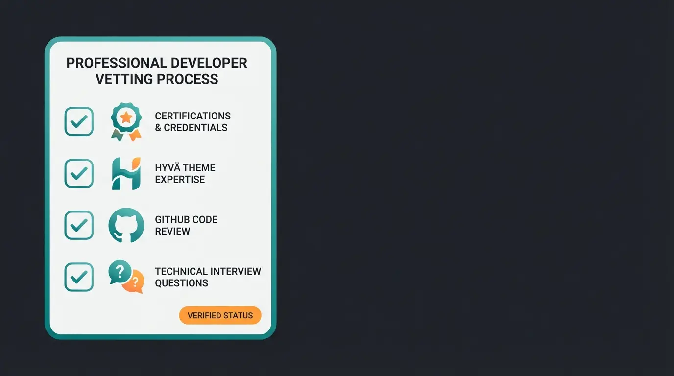 Vetting checklist for Magento freelancer candidates showing certification and skill requirements