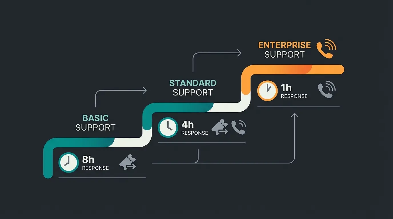 Shopware support plan comparison infographic showing Rise, Evolve, and Beyond tiers
