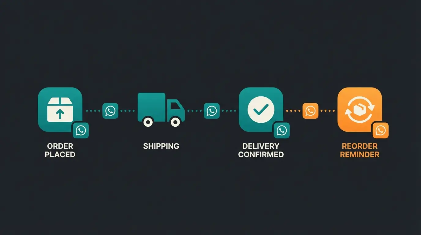 Infographic showing proactive WhatsApp business messaging flow from order confirmation to delivery updates