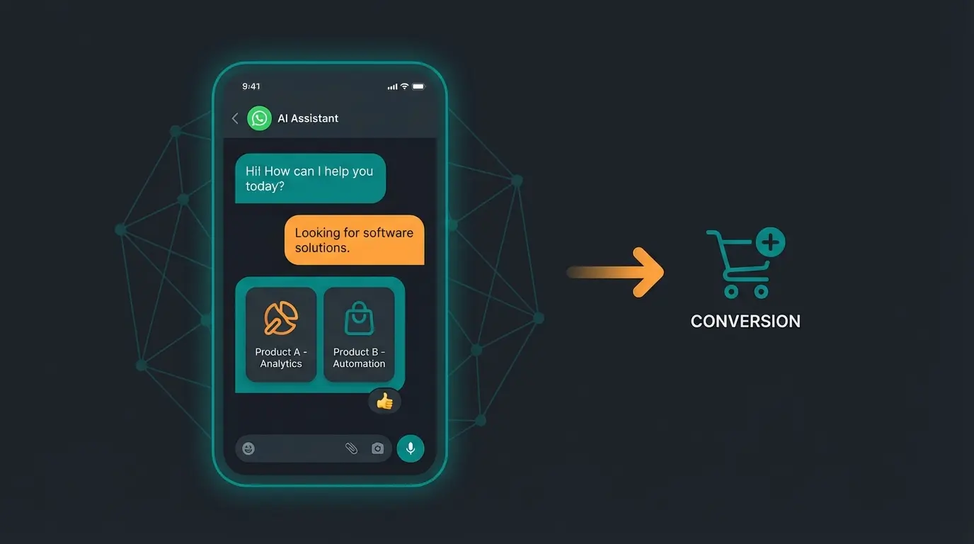WhatsApp AI chatbot showing guided selling product recommendation carousel