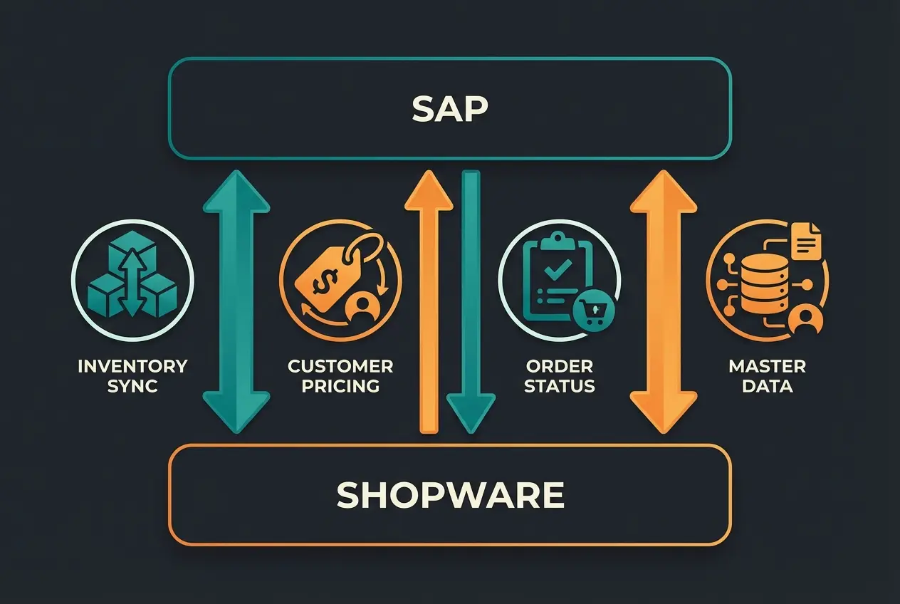 Infografik der vier Must-Have Datenströme bei der Shopware SAP Integration