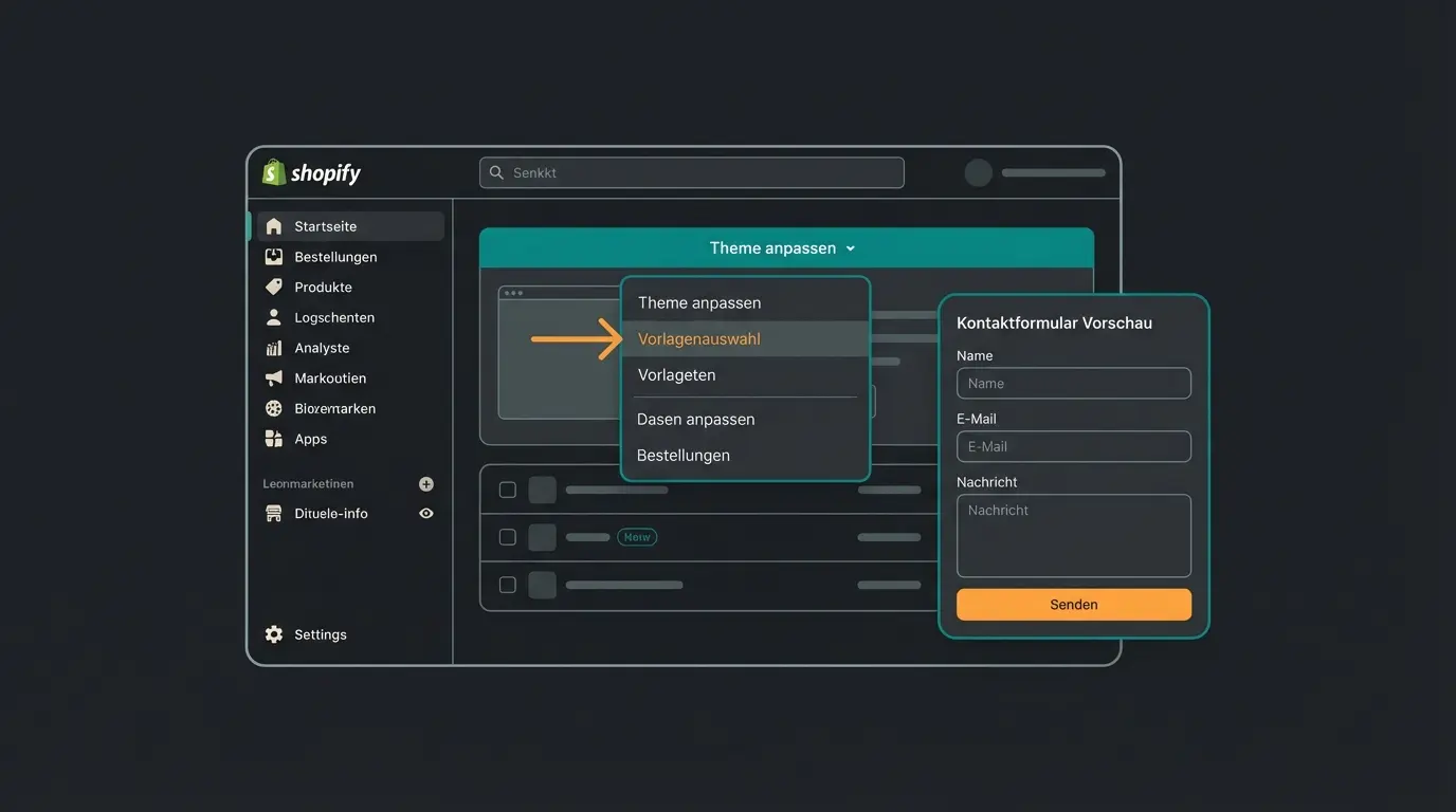 Shopify Admin Kontaktseite Template-Auswahl im deutschen Backend
