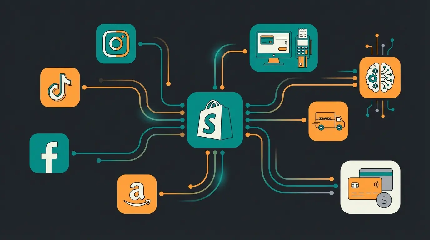 Shopify ecosystem infographic showing connected sales channels and integrations