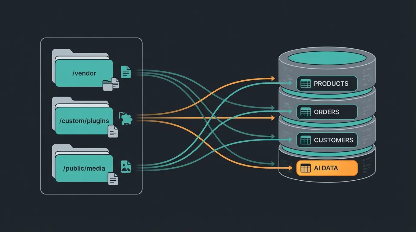 Anatomie einer Shopware 6 Installation mit Dateisystem und Datenbank-Struktur
