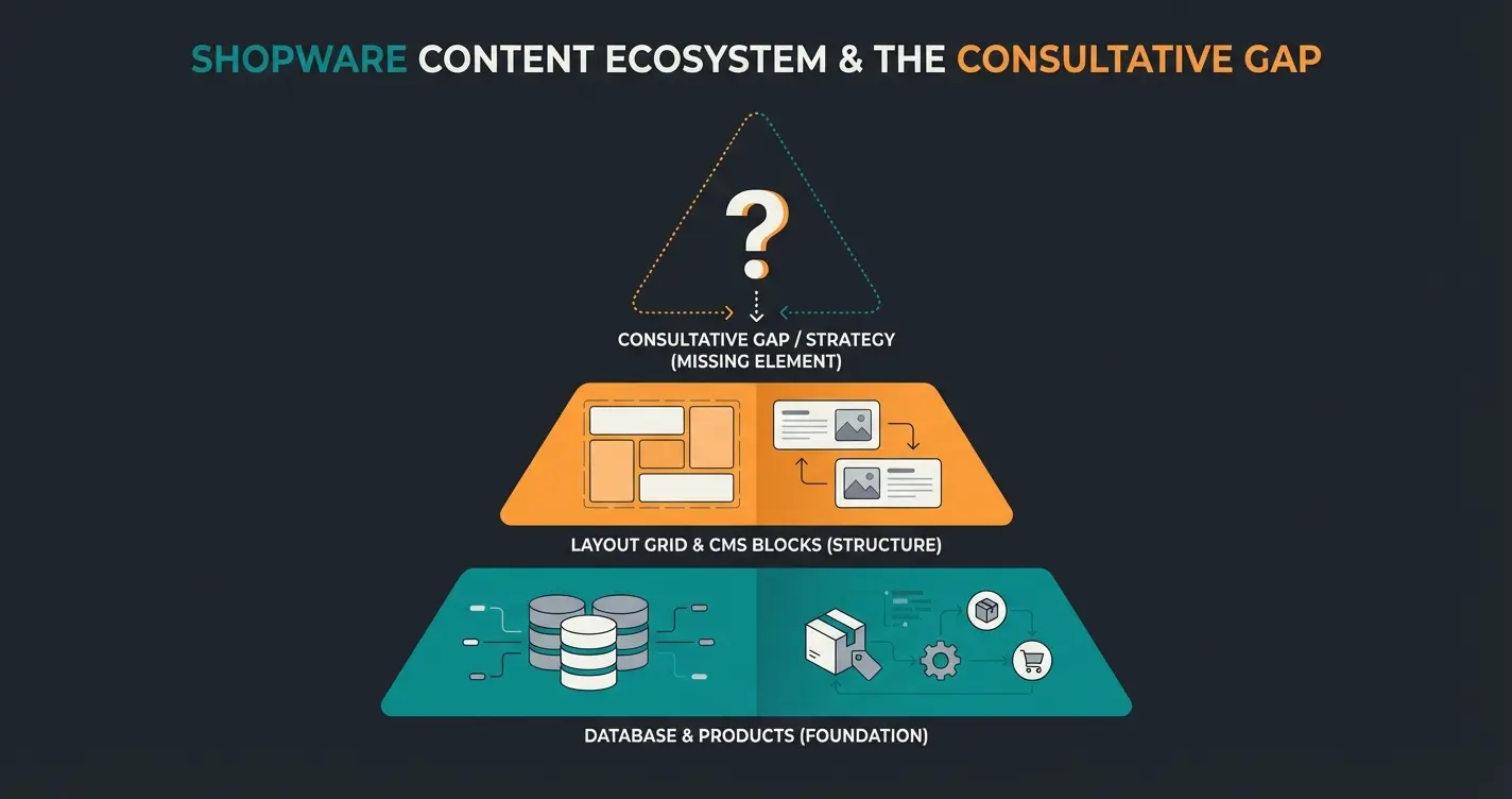 Shopware content marketing ecosystem showing CMS, SEO, and missing consultation layer