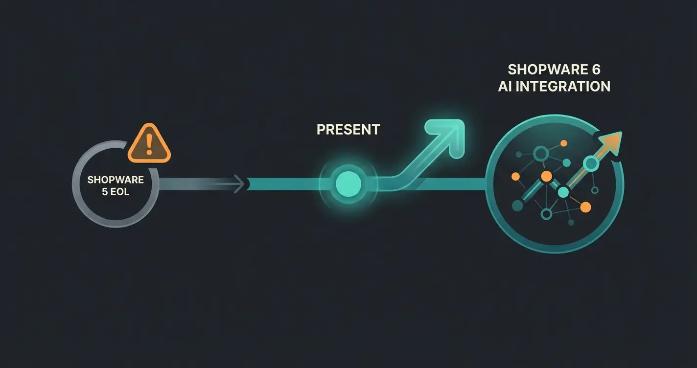 Timeline showing Shopware 5 end of life and migration path to Shopware 6 with AI integration