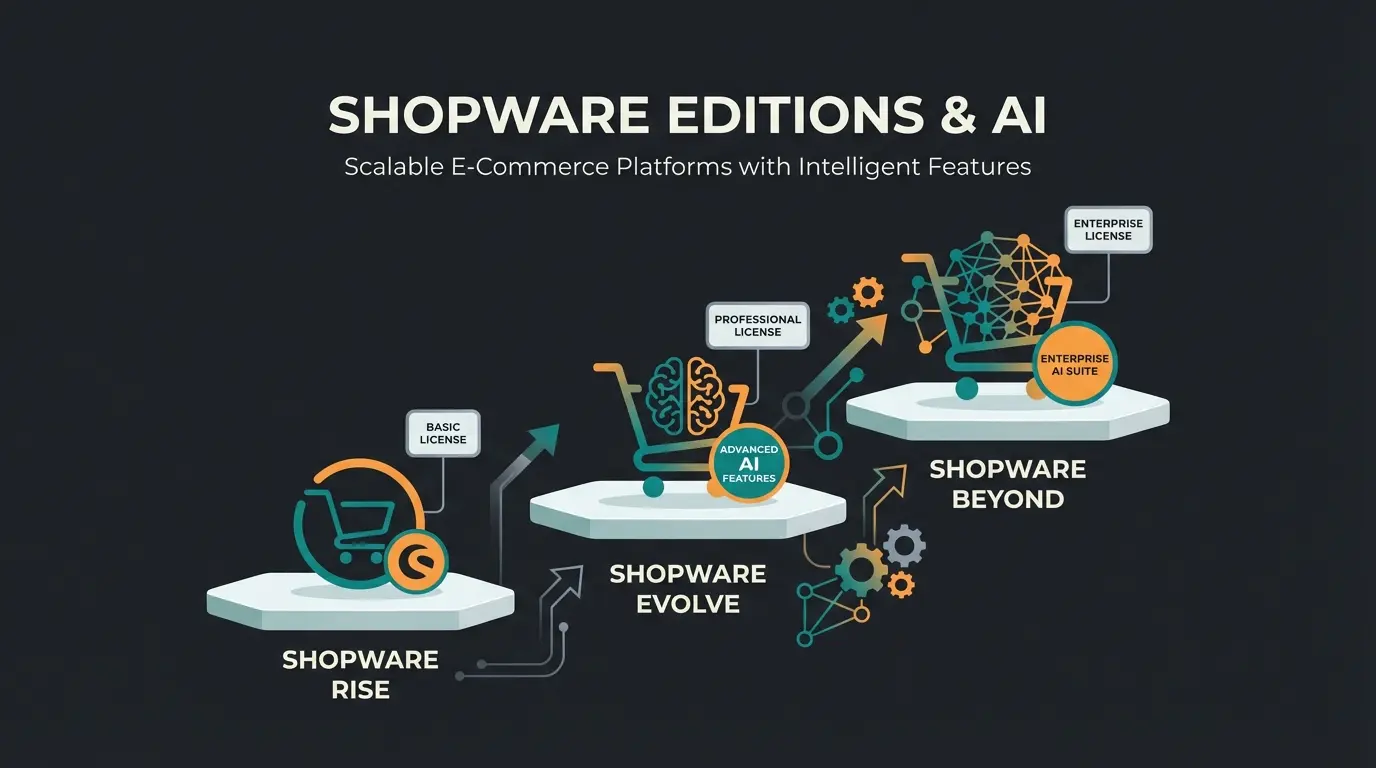 Shopware editions comparison showing Rise, Evolve and Beyond licensing tiers with AI features