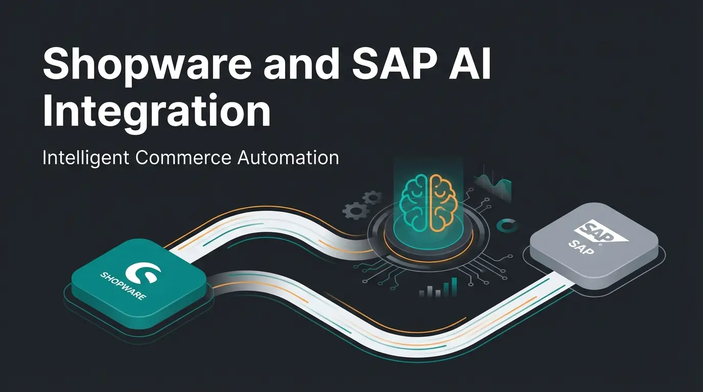 Abstract visualization of Shopware and SAP integration with AI-powered product consultation layer connecting ERP data to intelligent e-commerce