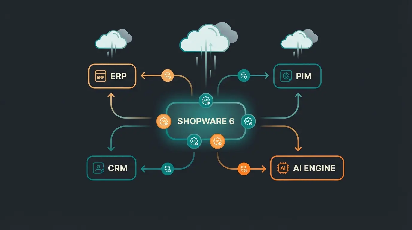 Technical architecture diagram showing Shopware 6 integrations with ERP, PIM, and AI systems