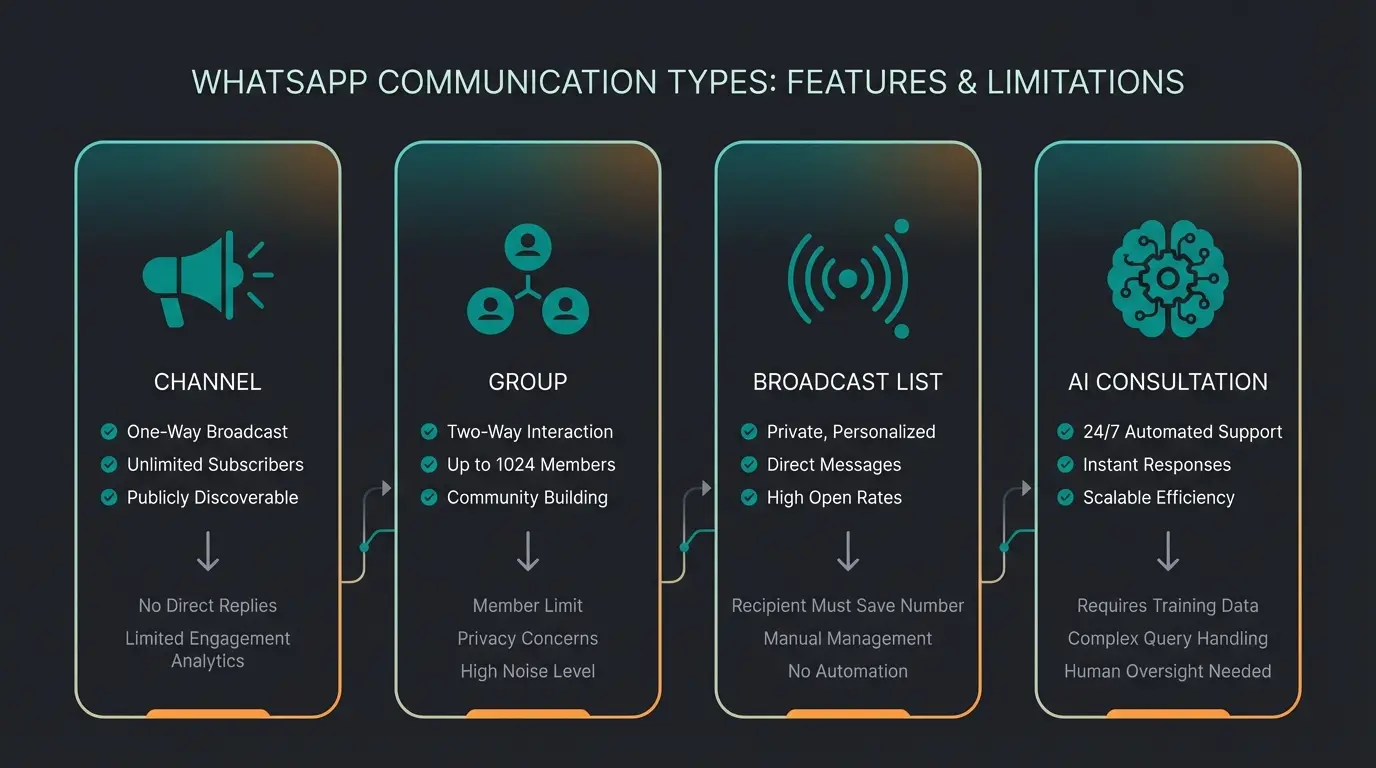 Vergleichstabelle WhatsApp Kanal vs Gruppe vs Broadcast mit KI-Integration