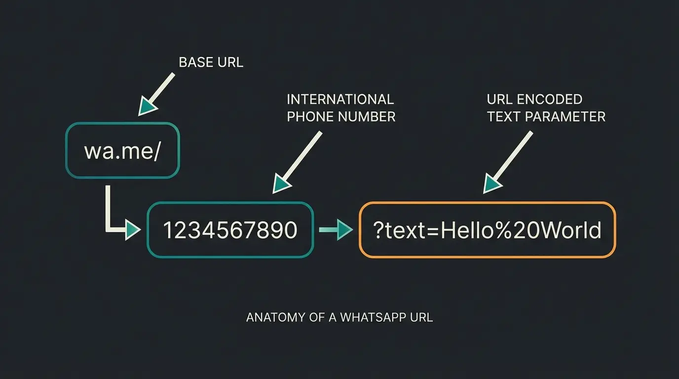 Anatomy of a WhatsApp wa.me link showing URL structure with phone number and pre-filled text parameters