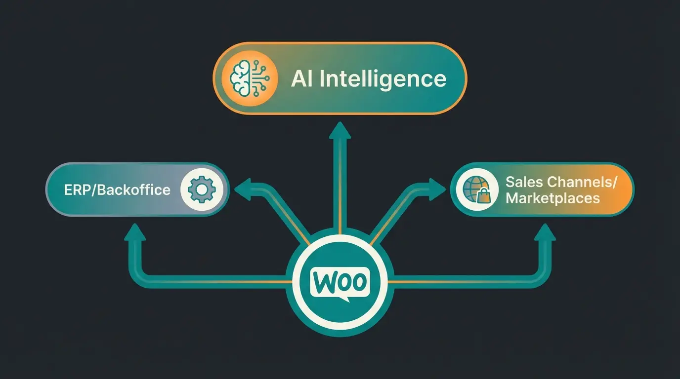 WooCommerce API-Ökosystem mit Verbindungen zu ERP, Marktplätzen und AI-Intelligence