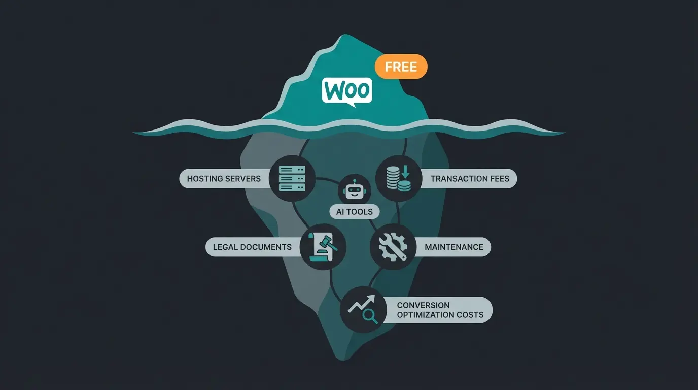 Iceberg model showing visible WooCommerce costs above water and hidden costs below