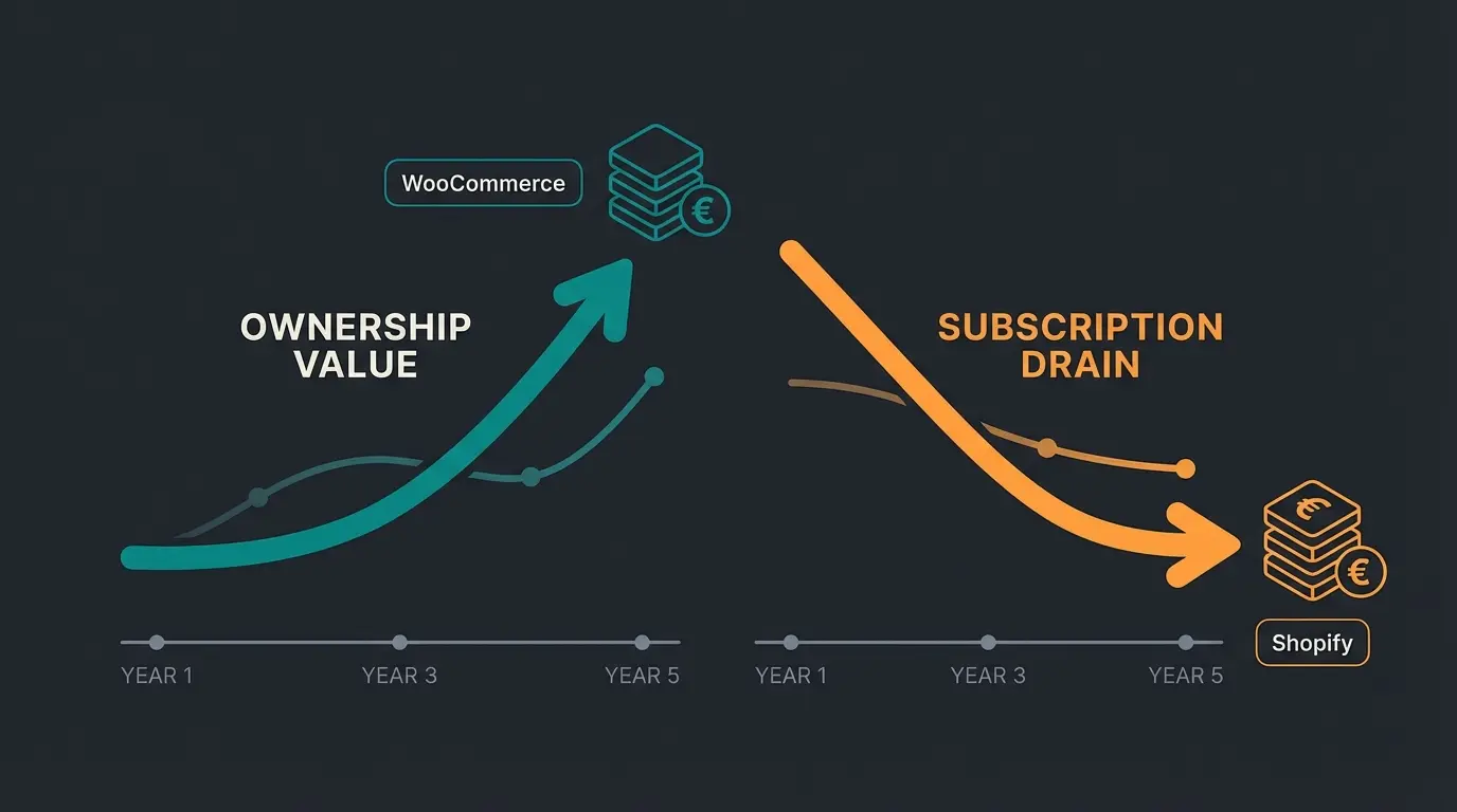 Comparison visualization of WooCommerce vs Shopify Plus total cost of ownership over time